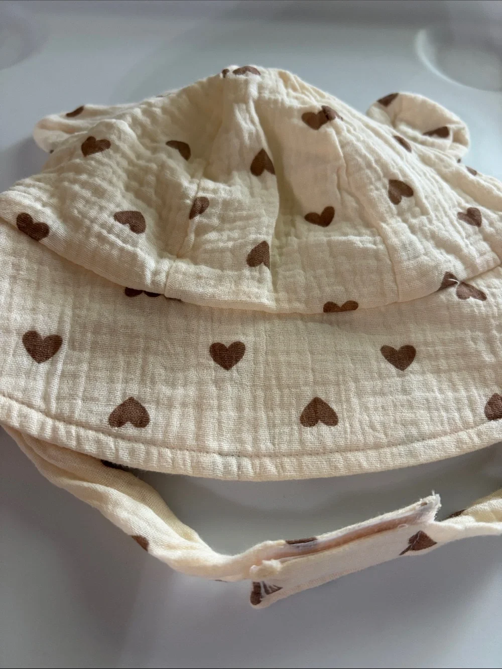 Kids Sun Hat with Brown Heart Print - Cream